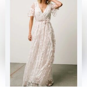 Baltic Born Cherry Blood embroidered belted Cream Maxi Dress